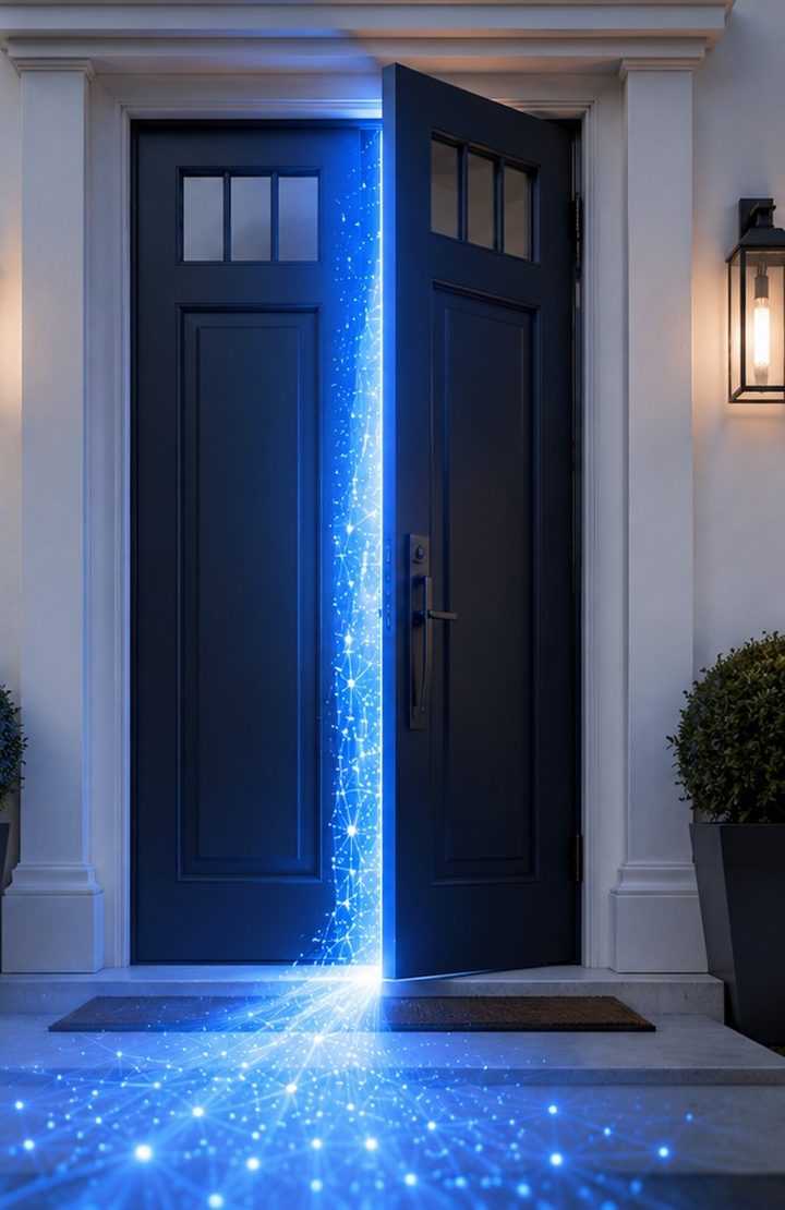 A front door standing open, blue light pouring out