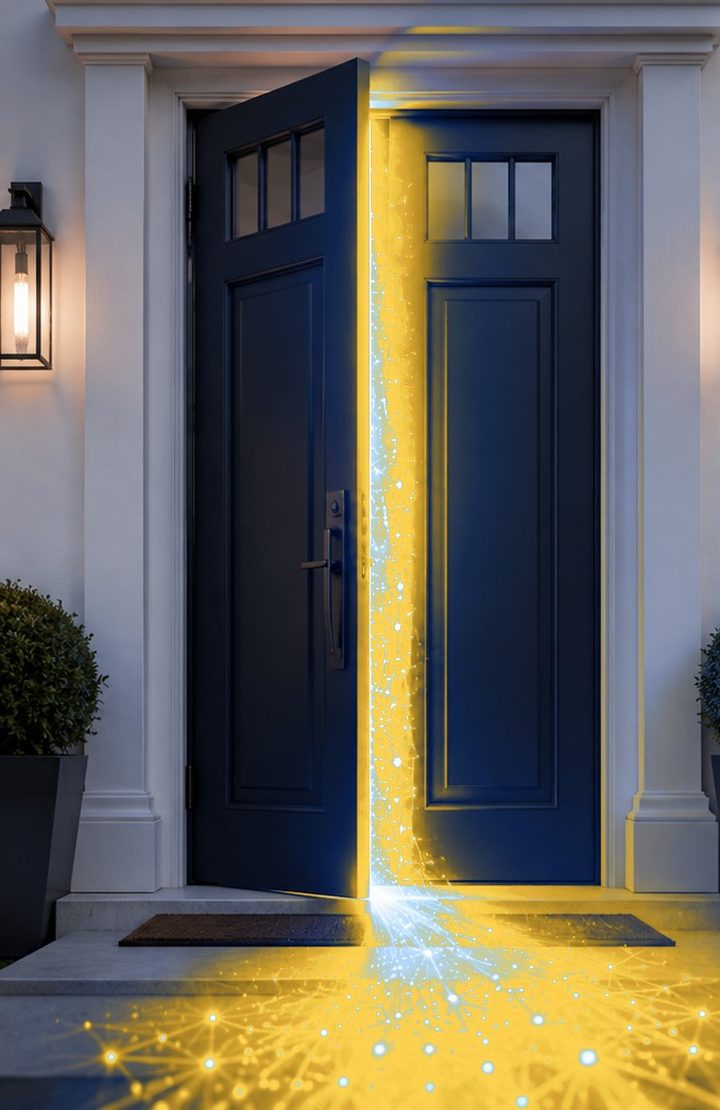 A front door standing open, gold light pouring out